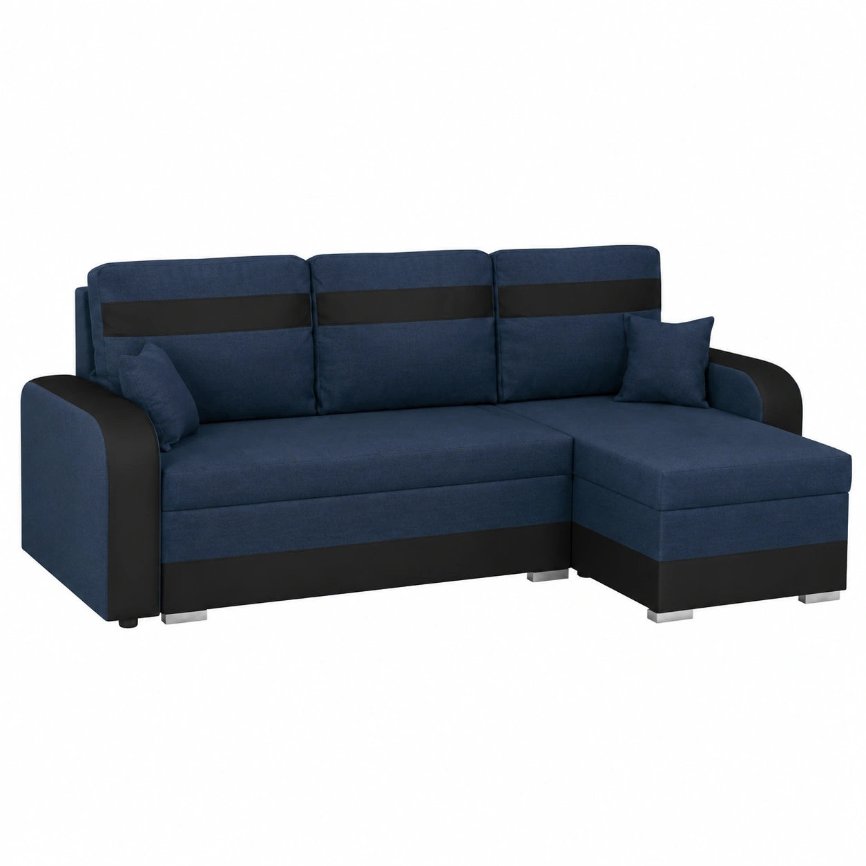 Modernes Ecksofa mit Schlaffunktion und Bettkasten, Bonellfederung, L-Form, Farbe: Marienblau-Schwarz