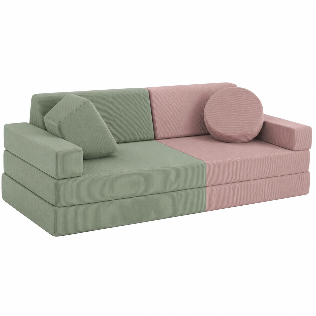Kindersofa Spielsofa 2-Sitzer, umbaubar in Schlafsofa und Spielplatz, Rosa & Grün