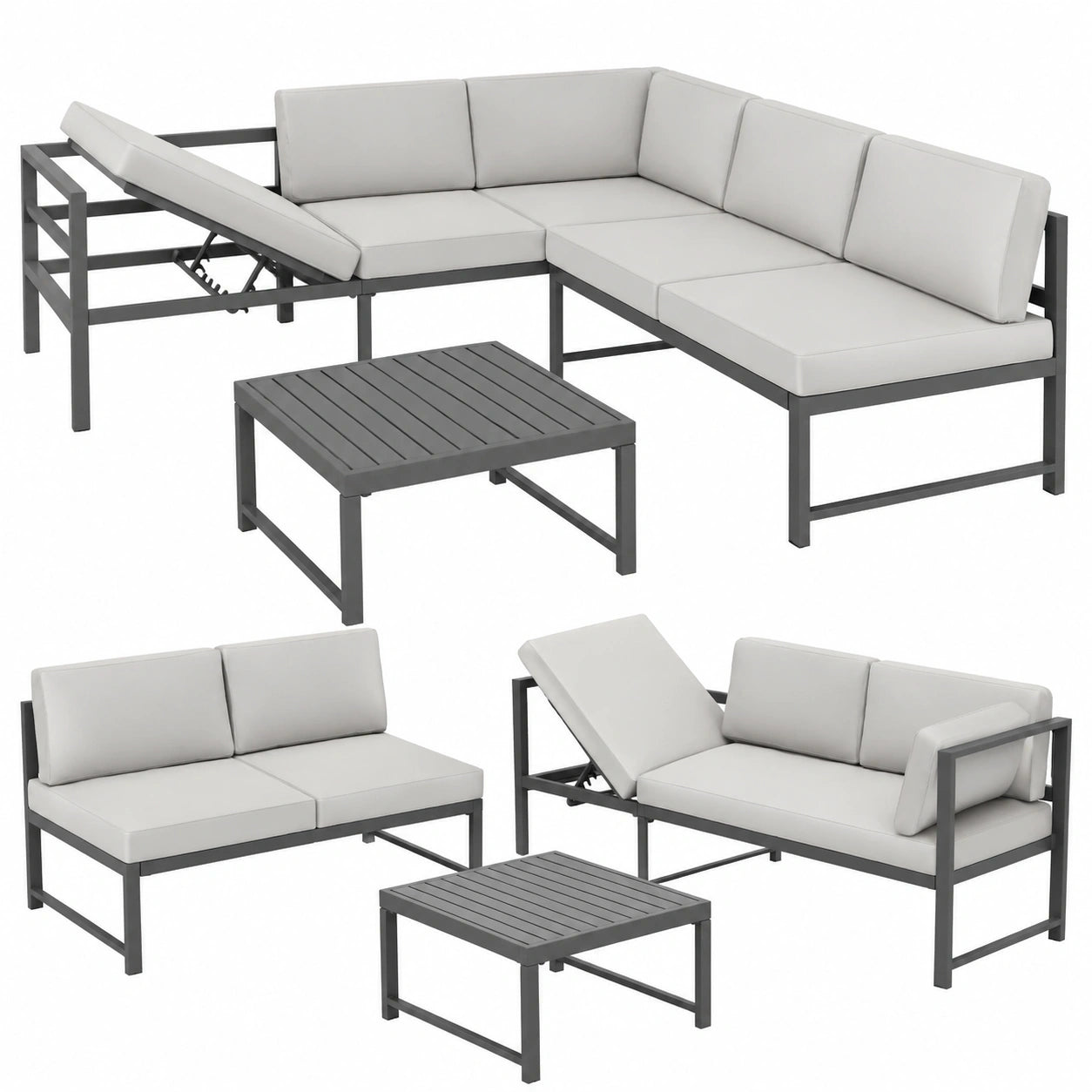 Aluminium Gartenmöbel Set: 2 Sofas mit verstellbarer Rückenlehne, Tisch und Kissen, wetterfest für Balkon und Terrasse