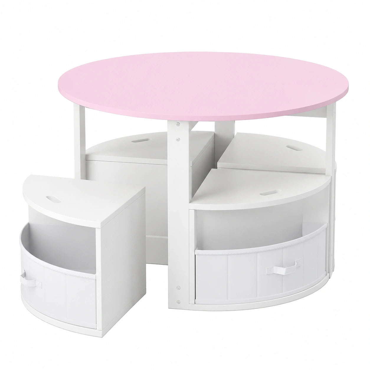 COSTWAY Kinder-Sitzgruppe, 5-teilig, rund, inkl. 4 Stühlen mit Stauraum und Stoffkörben, platzsparender Spieltisch aus Holz, ideal für Kinderzimmer, ab 3 Jahren (Rosa)