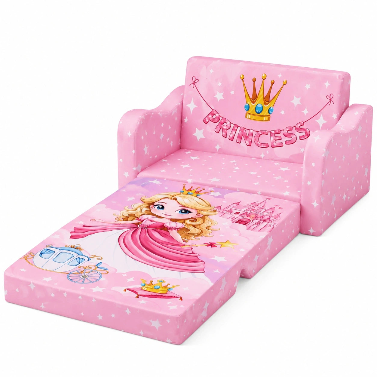 Verstellbares Kindersofa 2-in-1, Komfortables Schlafsofa für Kinderzimmer, Weiche Couch für Kuschelecke, Prinzessin Rosa