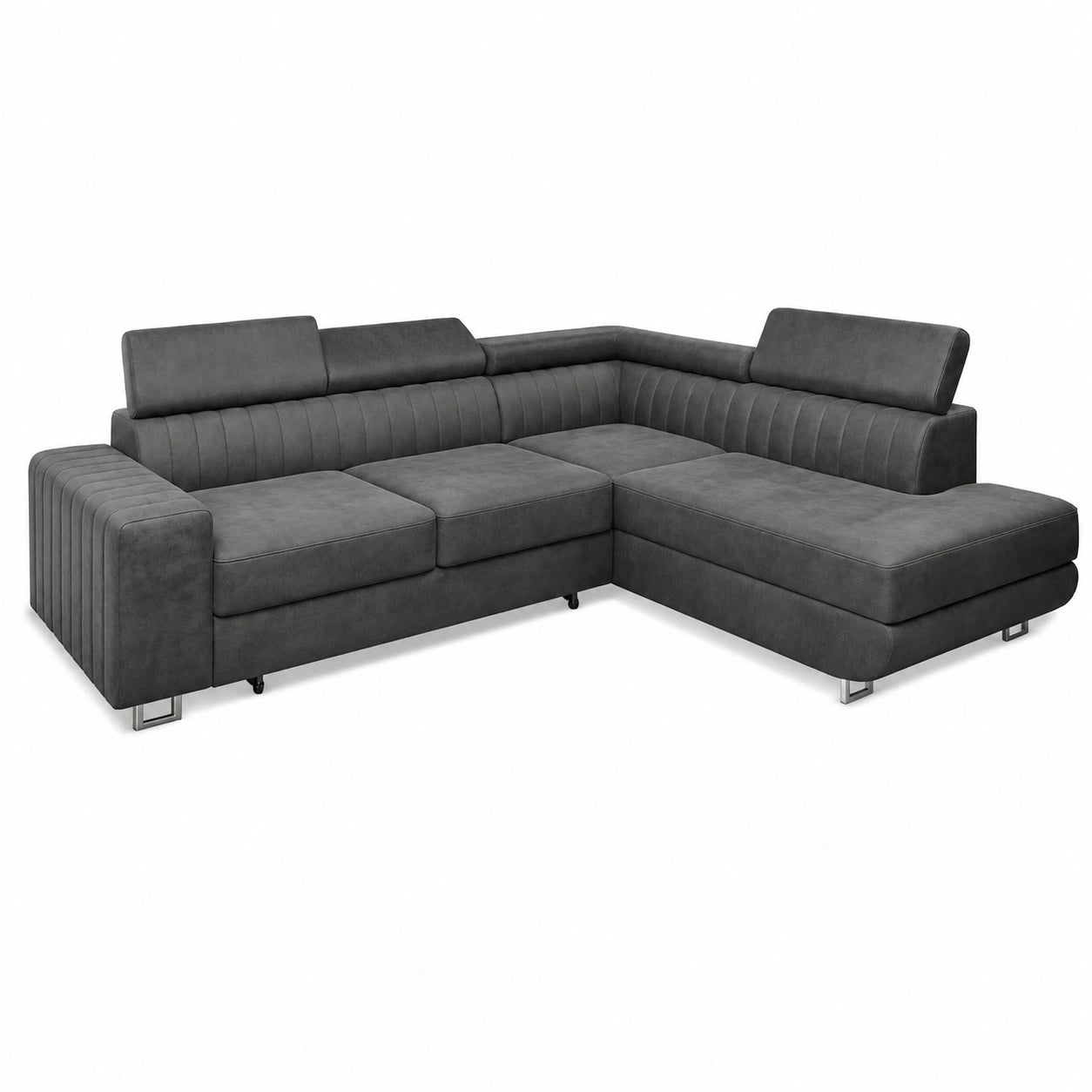 Ecksofa NOLA R-S L-Form mit Schlaffunktion und Bettkasten, Graues Wohnzimmer-Sofa Monolith 85