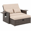 Amopatio Wetterfeste Rattan Gartensofa 2-Sitzer Set mit Verstellbarer Lehne und Stauraum, für Balkon und Terrasse, Inkl. Hocker und Kissen, Braun