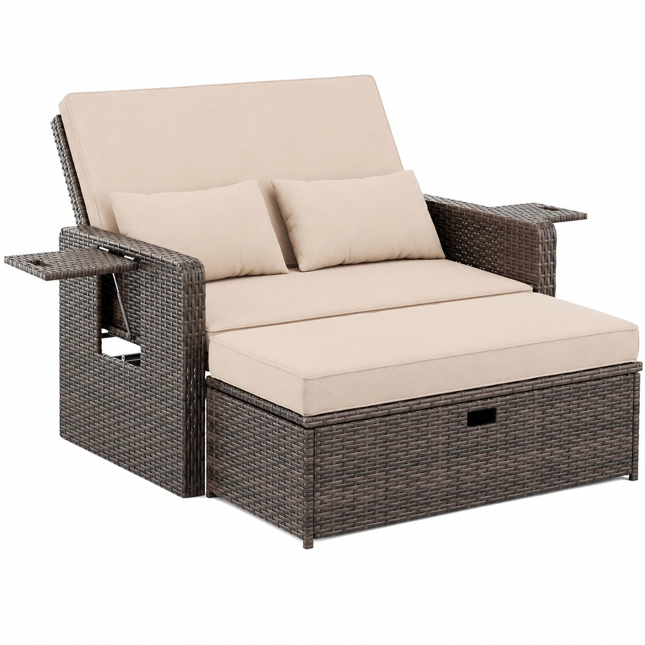 Amopatio Wetterfeste Rattan Gartensofa 2-Sitzer Set mit Verstellbarer Lehne und Stauraum, für Balkon und Terrasse, Inkl. Hocker und Kissen, Braun