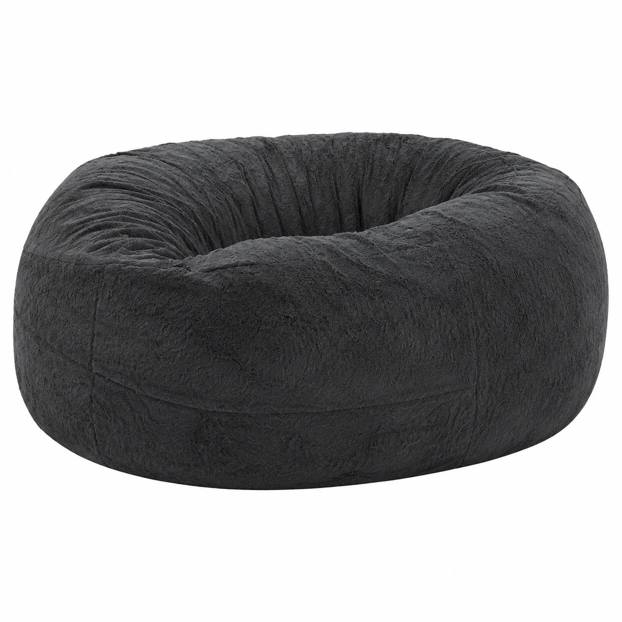 Großer Kunstfell-Sitzsack für Wohnzimmer, rund und flauschig, als bequemes Schlafsofa, in Schwarz, 1,83 m/2,13 m (ohne Füllung)